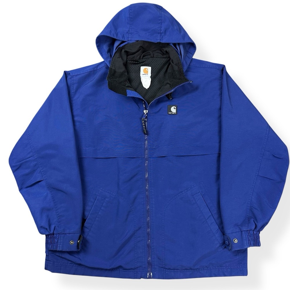 Carhartt Jacket Men's XL Blue Full Zip Nylon Hood Work Rain Coat Vented Wind